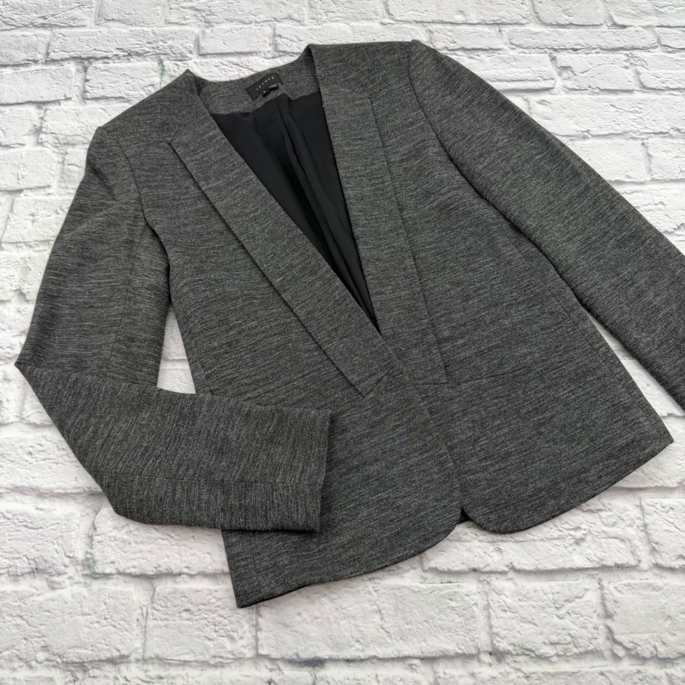 Theory Womens Grey Lined Shoulder Pad Open Front Blazer Jacket Size 6